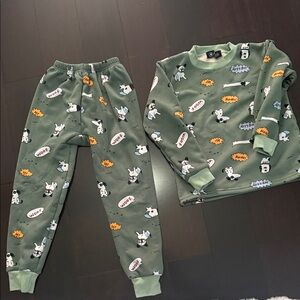 Kids Green Dog Print Suede Sweatshirt and Pants Set